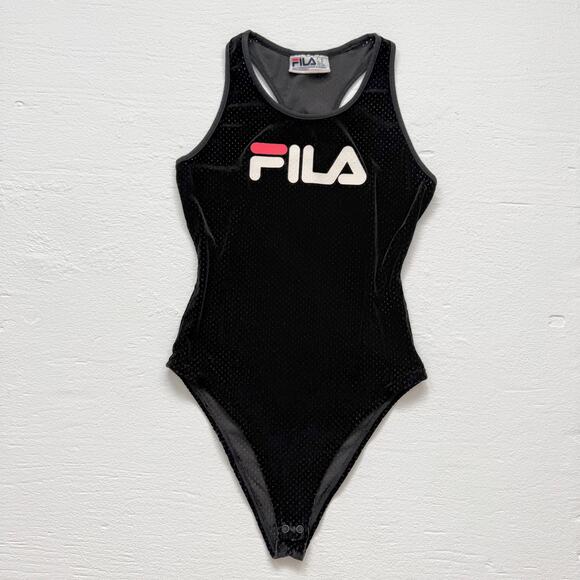 FILA Black Velour Mesh Bodysuit Logo One Piece, Size Medium - Picture 1 of 8
